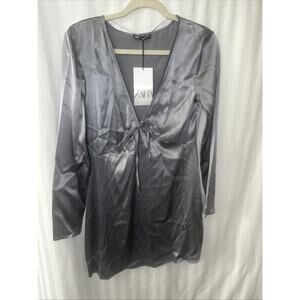 Zara Dress M Womens Silver Front Tie Satin Long Sleeve Viscose Stretch Shift